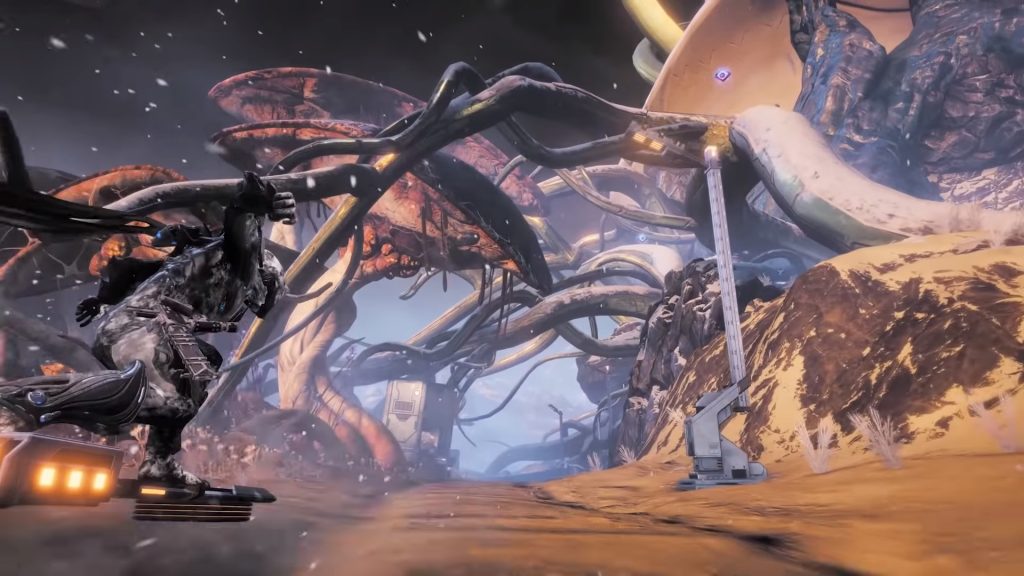 Orb Vallis with a warframe riding a kdrive